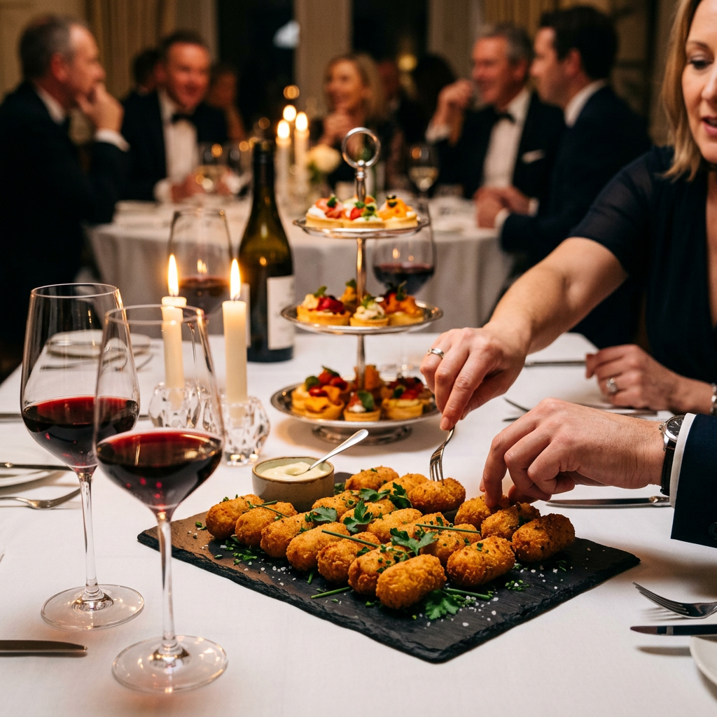Mesa de festa com mini croquetes Magloca