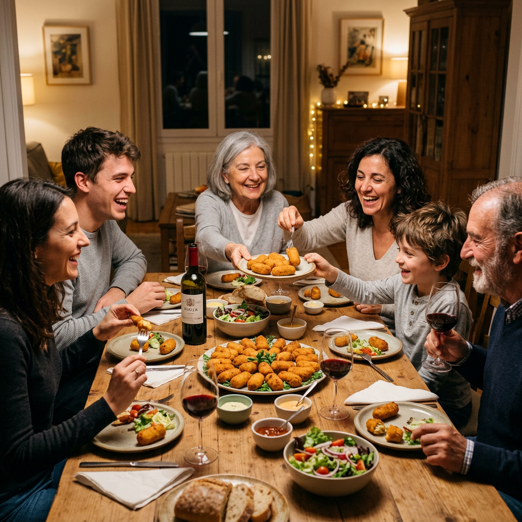 Família a partilhar croquetes Magloca à mesa