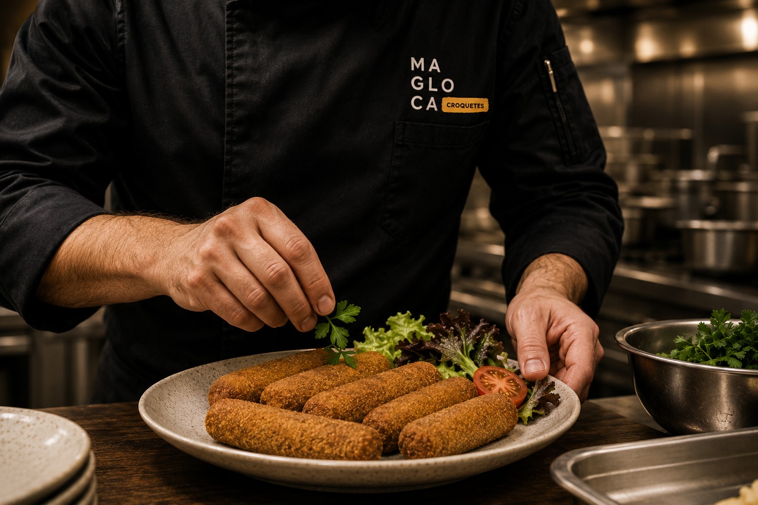 Cozinha profissional a empratar croquetes